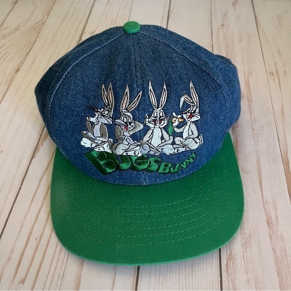 Warner Bros. Accessories - Vintage 90s Warner Bros Bugs Bunny Embroidered Denim Green Baseball Cap